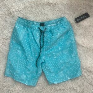 Men’s distortion paisley bandana print teal board shorts swim trunks green blue
